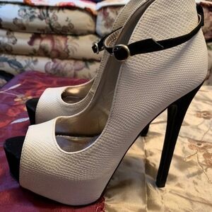Elegant White and Black Peep Toe Heels